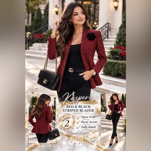 Kasper Red & Black Textured timeless Blazer Open Front Floral Accent Size 2